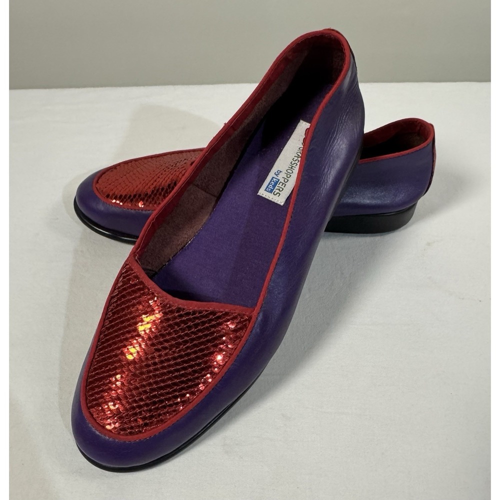 Grasshoppers By Keds Purple Leather Flat Loafers With Red Sequins 7-1/2 W